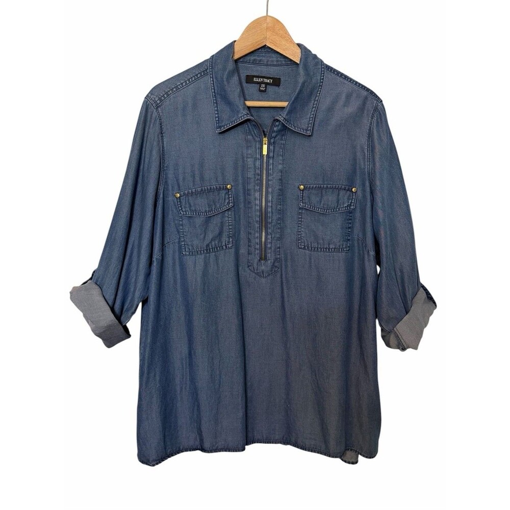 Ellen Tracy Chambray Top Women Sz 2X Blue Tencel Zip Roll Tab Long Slv Pockets